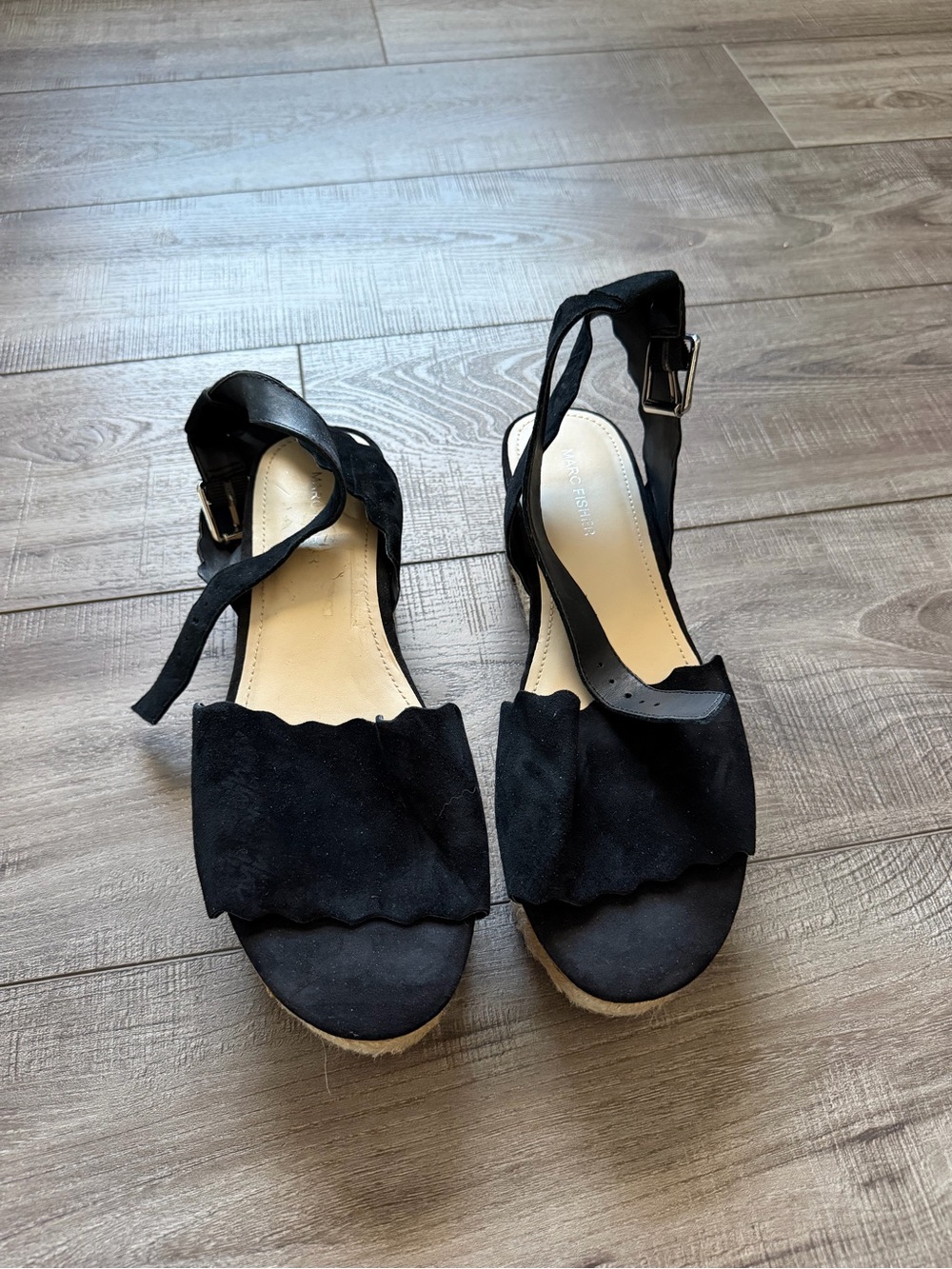 Marc Fisher Black Scalloped Espadrille Wedge Sandals